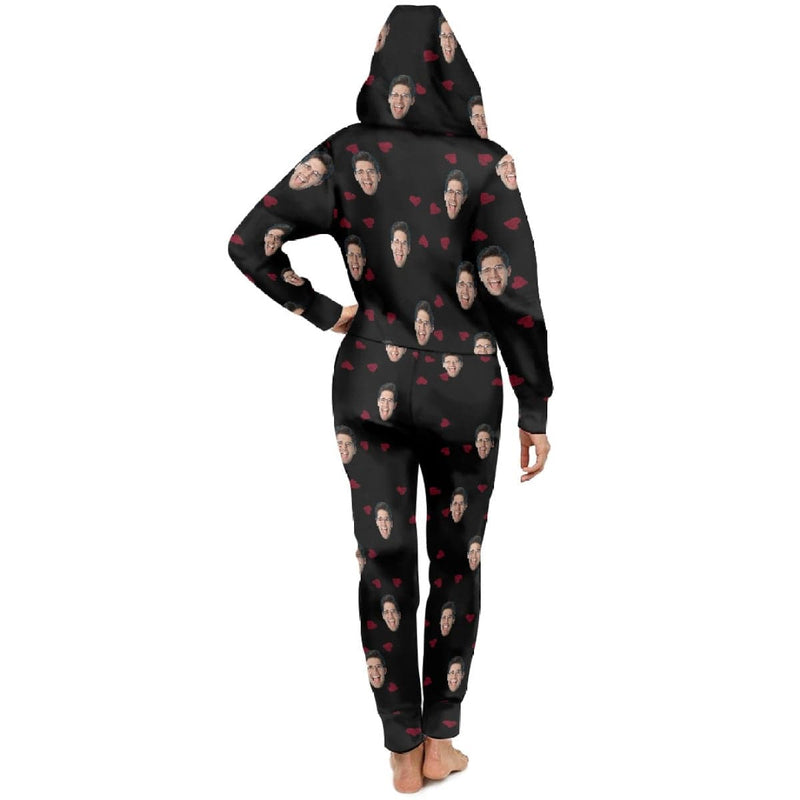 FacePajamas Hooded Onesie-2ML-ZD Custom Face Heart Black Unisex Adult Hooded Onesie Jumpsuits with Pocket Personalized Zip One-piece Pajamas for Men and Women