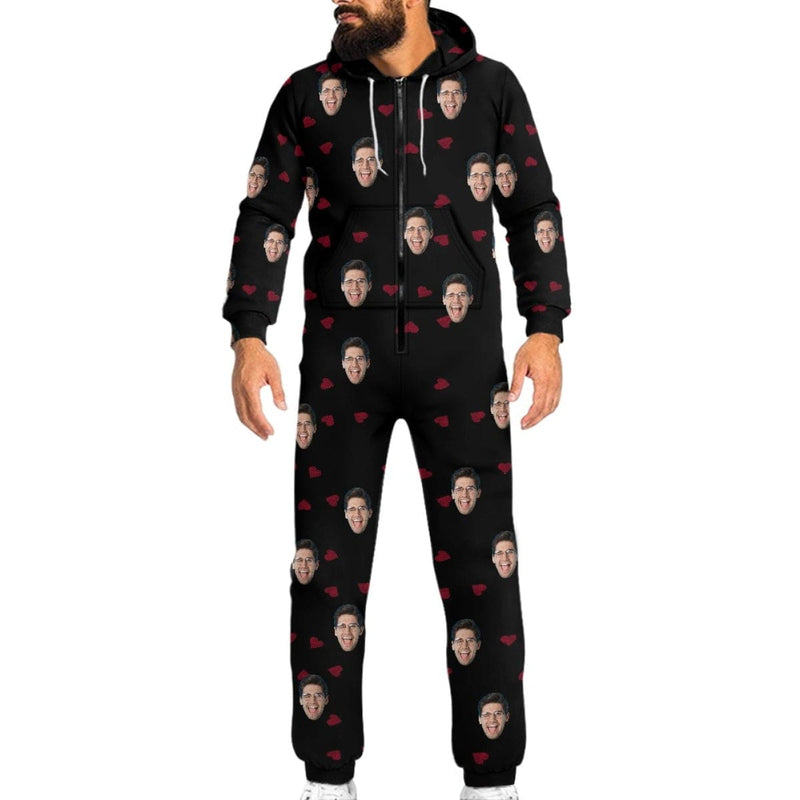 FacePajamas Hooded Onesie-2ML-ZD Custom Face Heart Black Unisex Adult Hooded Onesie Jumpsuits with Pocket Personalized Zip One-piece Pajamas for Men and Women