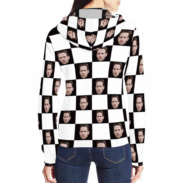 FacePajamas Hoodie-Full Zip-W Custom Face Hoodie Black White Square Women's All Over Print Full Zip Hoodie with Husband Face