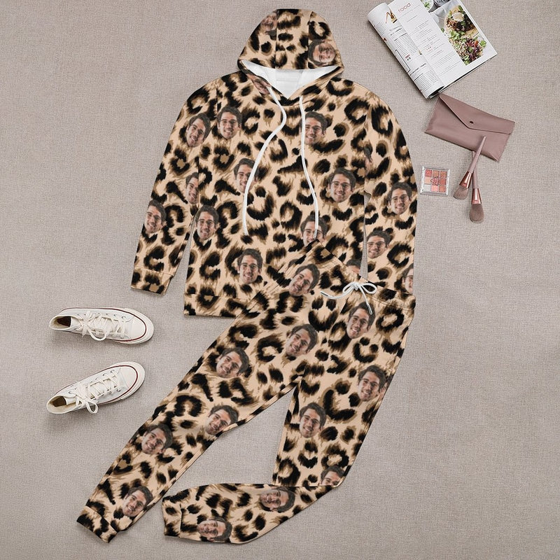 FacePajamas Hoodie Set-2WH-SDS Custom Face Leopard Hoodie Sweatpant Set Personalized Unisex Loose Hoodie Top Outfits