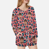 FacePajamas Pajama Long Tracksuit Custom Face Leopard Print Women's Long Sleeve Scoop Neck Short Pajama Set