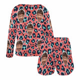 FacePajamas Pajama Long Tracksuit Custom Face Leopard Print Women's Long Sleeve Scoop Neck Short Pajama Set