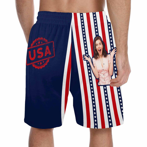 FacePajamas Pajama Shorts Custom Face Men's Pajama Shorts Personalized USA Flag Sleepwear Shorts