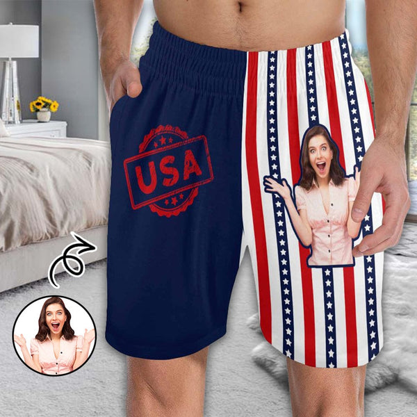 FacePajamas Pajama Shorts Custom Face Men's Pajama Shorts Personalized USA Flag Sleepwear Shorts