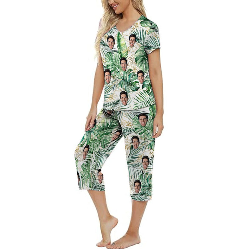 FacePajamas Pajama 7 Set-2ML-1688 Custom Face Palm Leaves Women's Loungewear Set Short Sleeve Shirt and Capri Pants Sleepwear Pajama Set