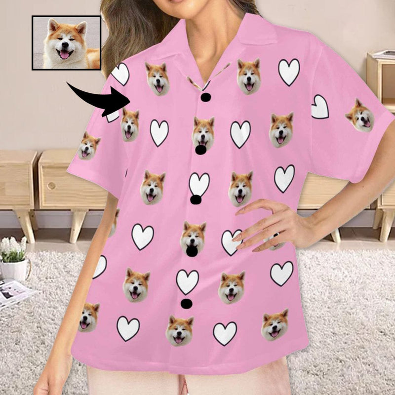 FacePajamas Pajama Tops Custom Face Pink Heart Women's V-Neck Short Sleeve Pajama Tops Bottoms Personalized Pajamas Loungewear