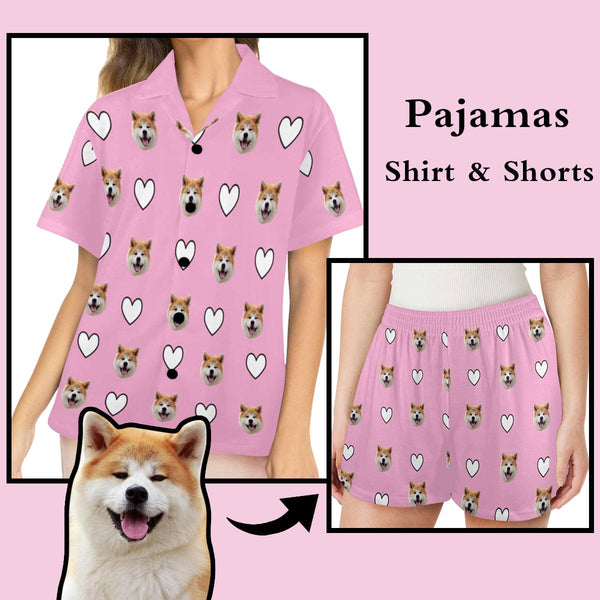 FacePajamas Sets Custom Face Pink Heart Women's V-Neck Short Sleeve Pajama Tops Bottoms Personalized Pajamas Loungewear