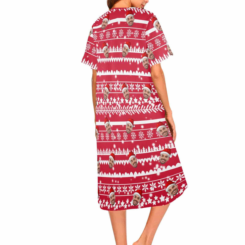 FacePajamas Pajama Dress Custom Face Red Christmas Women's Nightshirt Short Sleeve Button Down Nightgown V-Neck Sleepwear Pajama Dress