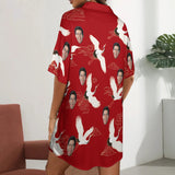 FacePajamas Pajama-2ML-MTMS Custom Face Red-crowned Crane Red Satin Nightgown For Women Silk Nightshirt Button Down Pajamas Dress Boyfriend Sleepshirt S-3XL