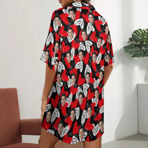 FacePajamas Pajama-2ML-MTMS Custom Face Red Heart Black Satin Nightgown For Women Silk Nightshirt Button Down Pajamas Dress Boyfriend Sleepshirt S-3XL