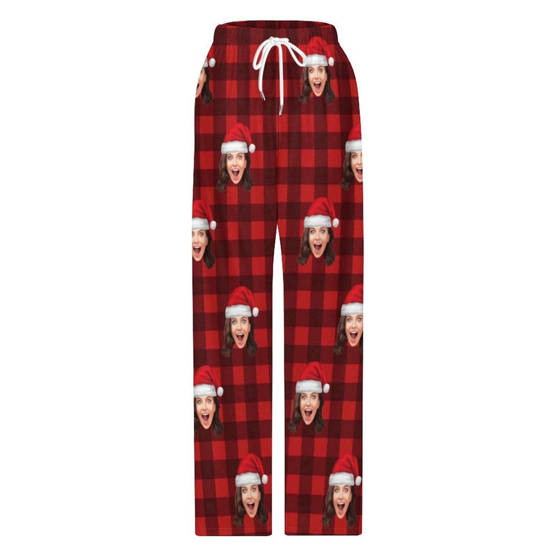 FacePajamas Pajama Pants& Bandana-2ML-SDS Custom Face Red Plaid Christmas Hat Pajama Pants and Pet Dog Bandana