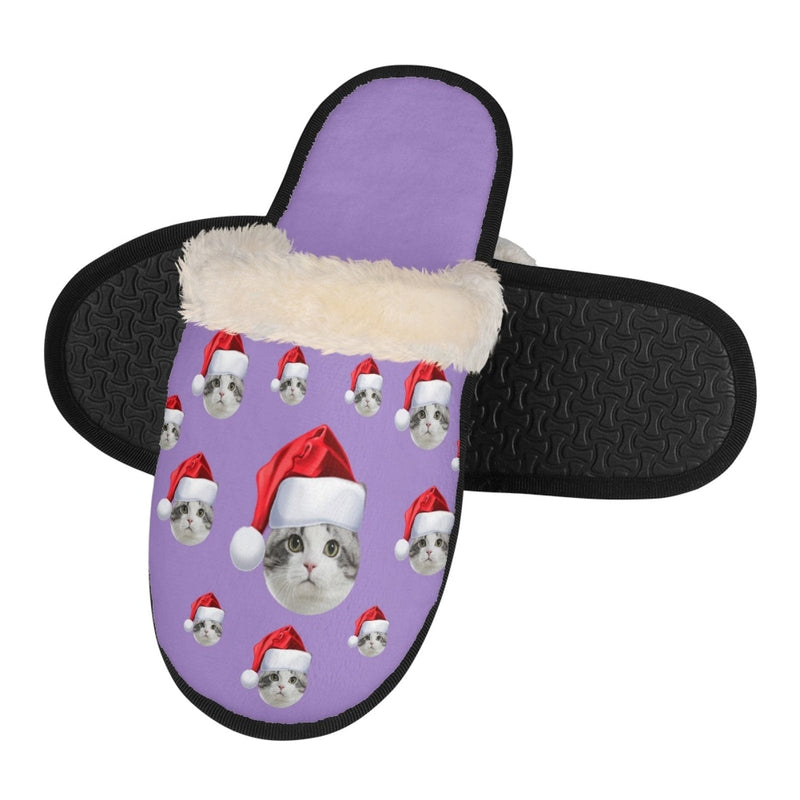 FacePajamas Slippers-2ML-ZD Custom Face Santa Hat Fuzzy Slippers for Women and Men Christmas Personalized Photo Non-Slip Slippers Indoor Warm House Shoes