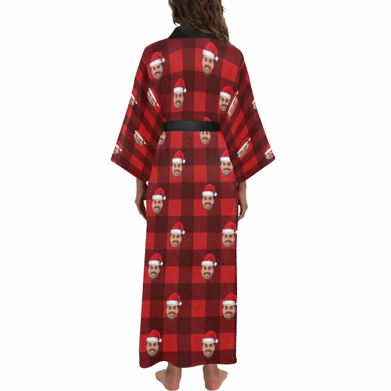 FacePajamas Pajama Robe Custom Face Women's Long Pajamas Red Grid Personalized Photo Long Pajamas Kimono Robe for Christmas