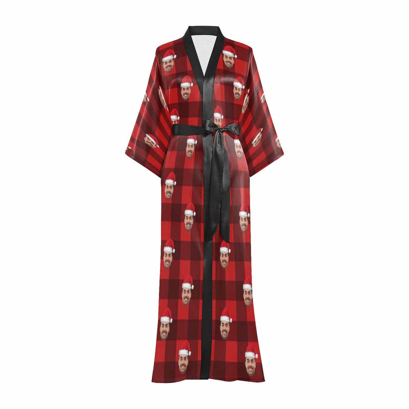 FacePajamas Pajama Robe Custom Face Women's Long Pajamas Red Grid Personalized Photo Long Pajamas Kimono Robe for Christmas