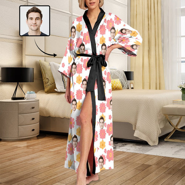 FacePajamas Women long robe Custom Face Women's Pink&Yellow Flowers Personalized PhotoLong  Kimono Robe