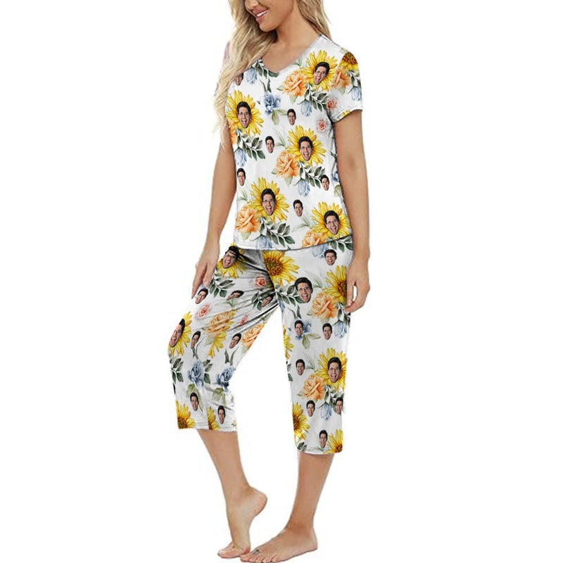 FacePajamas Pajama 7 Set-2ML-1688 Custom Face Yellow Flowers Women's Loungewear Set Short Sleeve Shirt and Capri Pants Sleepwear Pajama Set