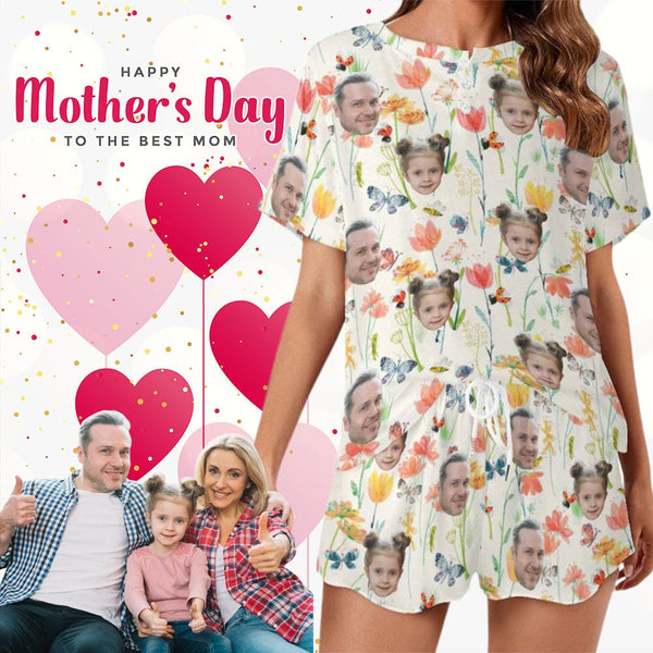 FacePajamas Custom Multi Faces Women's Short Sleeve  Pajmama Set Personalized Gift For Mother's Day