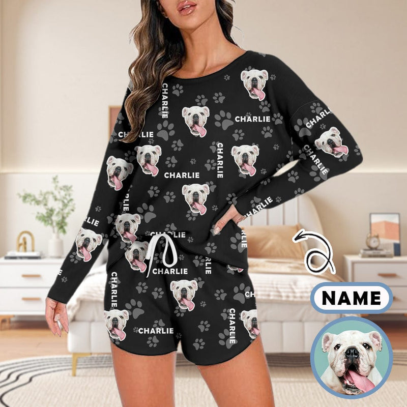 FacePajamas Pajama Long Tracksuit Custom Pet and Name Women's Long Sleeve Scoop Neck Short Pajama Set