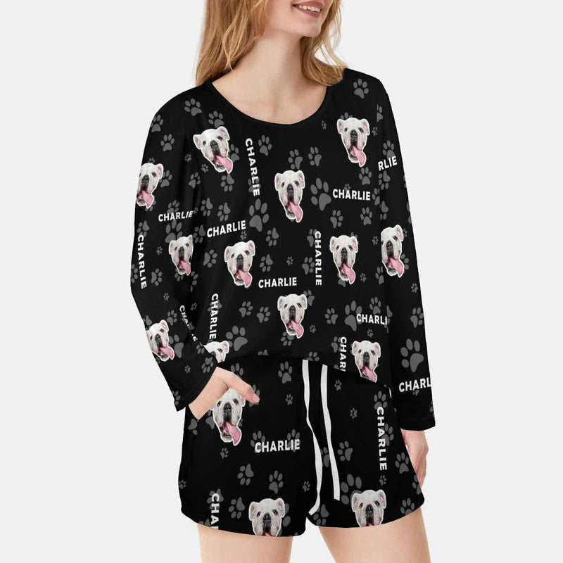 FacePajamas Pajama Long Tracksuit Custom Pet and Name Women's Long Sleeve Scoop Neck Short Pajama Set