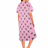 FacePajamas Pajama Dress Custom Pet Face Pink Women's Nightshirt Short Sleeve Button Down Nightgown V-Neck Sleepwear Pajama Dress