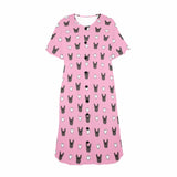 FacePajamas Pajama Dress Custom Pet Face Pink Women's Nightshirt Short Sleeve Button Down Nightgown V-Neck Sleepwear Pajama Dress