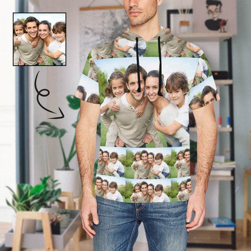 FacePajamas Hoodie-Short Sleeve Custom Photo Short Sleeve Hoodie Men's Custom Face Loose Hoodie with Family Pictures for Him