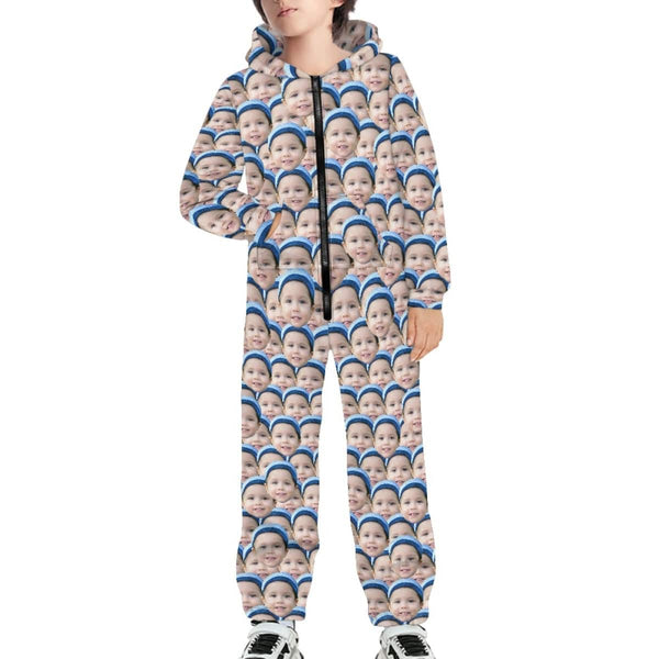 FacePajamas Hooded Onesie-Kid-2ML-ZD Custom Seamless Face Unisex Jumpsuits Zip Up Hoodie Onesie with Pockets for Kids Boys Girls