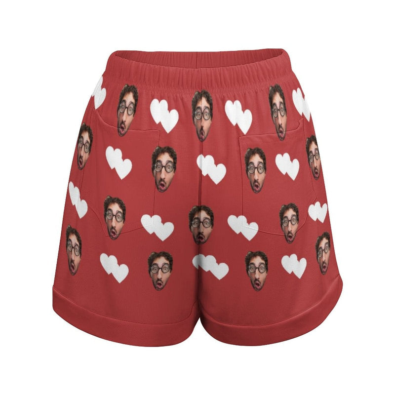 FacePajamas Womens Short Set-SDS Custom Women's Short Sleeved Navel Exposed Sleepwear Red Hearts Personalized Seamless Face Sleepwear Shorts