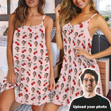 FacePajamas Pajama-2ML-ZD Custom Your Husband's Face Women Cute Cherry Suspender Nightdress Sleeveless Nightgown Soft Sleep Dress
