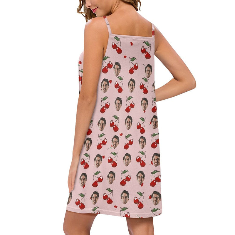 FacePajamas Pajama-2ML-ZD Custom Your Husband's Face Women Cute Cherry Suspender Nightdress Sleeveless Nightgown Soft Sleep Dress