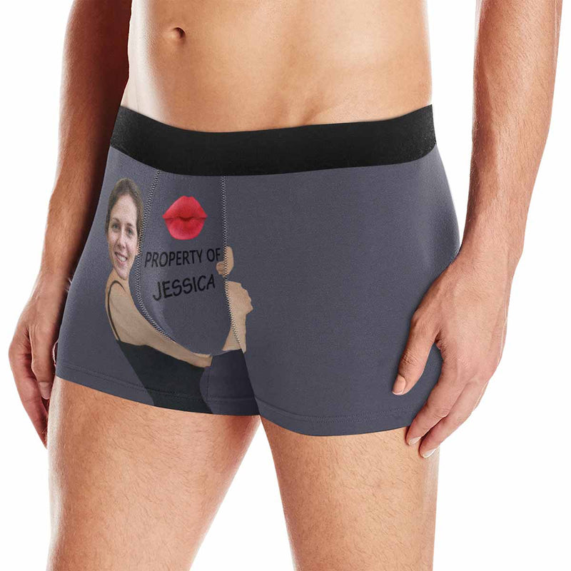 FacePajamas Men Underwear Dark Gray / XS Custom Face&Name Boxer Underwear Red Lip Property Of Personalized Men's All-Over Print Boxer Briefs For Valentine's Day Gift