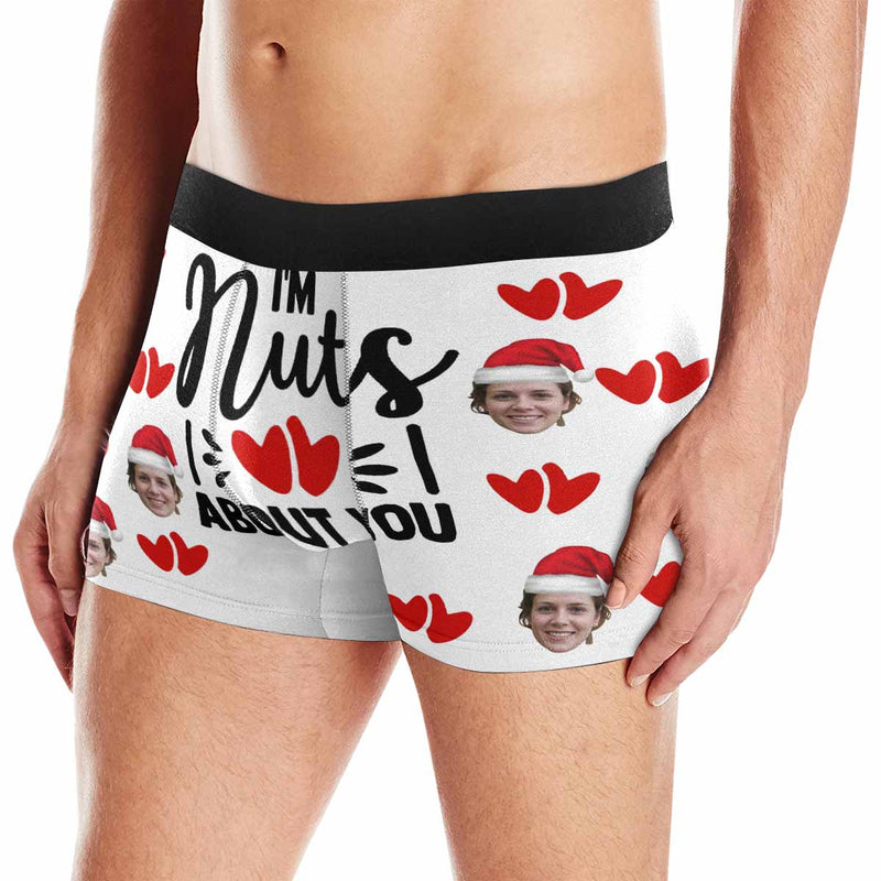 FacePajamas Men Underwear Face with Santa Hat / White / XS Custom Face Boxer Briefs I'm Nuts About You Personalized Photo Undies Face Boxer Underwear Valentine's Day for Him