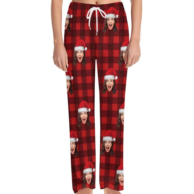 FacePajamas Pajama Pants& Bandana-2ML-SDS For Adult-Pajama Pants / S Custom Face Red Plaid Christmas Hat Pajama Pants and Pet Dog Bandana