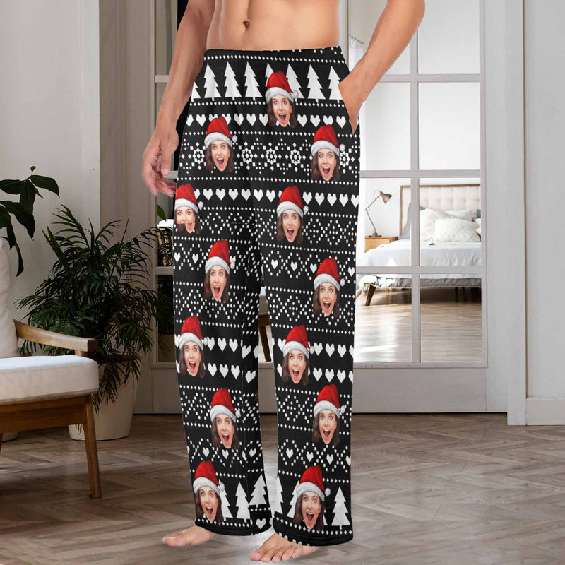FacePajamas Pajama Shirt&Pants-Fleece For Men / S Coral Fleece Pajama Trousers-Custom Face Black Christmas Background Red Hat Warm and Comfortable Sleepwear Long Pajama Pants For Men Women