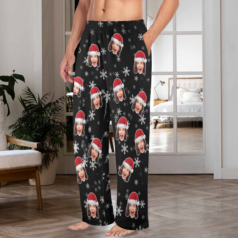 FacePajamas Pajama Shirt&Pants-Fleece For Men / S Coral Fleece Pajama Trousers-Custom Face Christmas Snowflake Warm and Comfortable Sleepwear Long Pajama Pants For Men Women