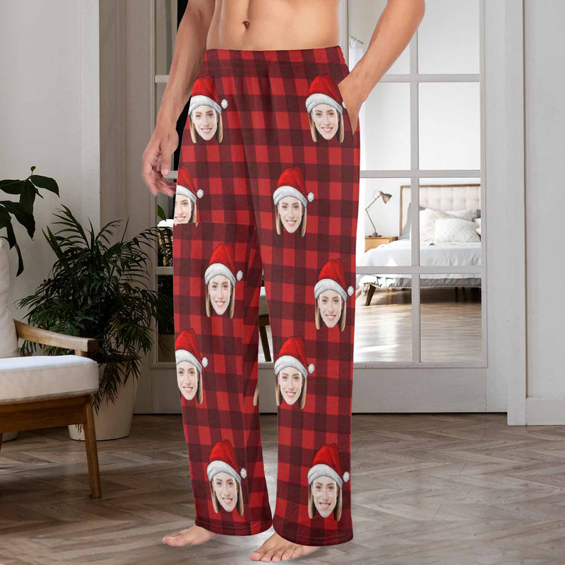 FacePajamas Pajama Shirt&Pants-Fleece For Men / S Coral Fleece Pajama Trousers-Custom Face Red Plaid Warm and Comfortable Sleepwear Long Pajama Pants For Men Women
