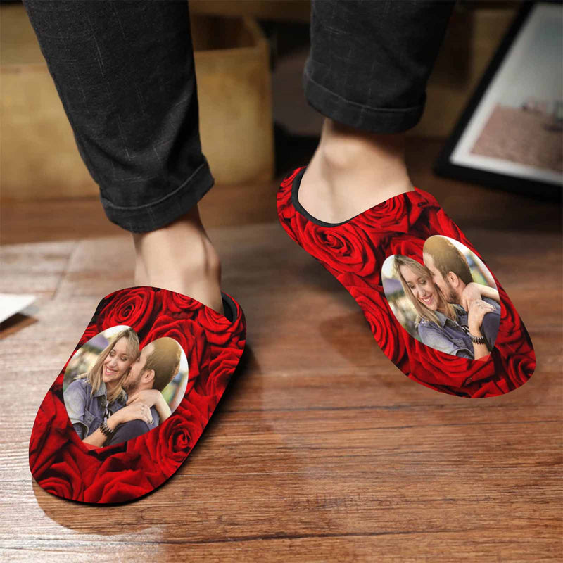 FacePajamas Slippers For Men / S Rose Custom Couple Photo All Over Print Personalized Non-Slip Cotton Slippers For Couple Girlfriend Boyfriend