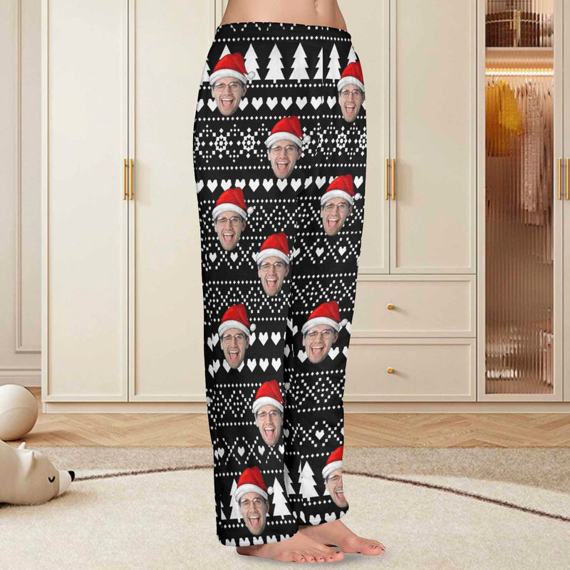 FacePajamas Pajama Shirt&Pants-Fleece For Women / S Coral Fleece Pajama Trousers-Custom Face Black Christmas Background Red Hat Warm and Comfortable Sleepwear Long Pajama Pants For Men Women