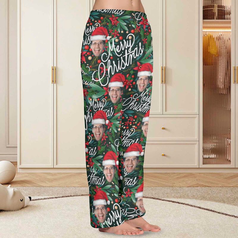 FacePajamas Pajama Shirt&Pants-Fleece For Women / S Coral Fleece Pajama Trousers-Custom Face Christmas Red Beans Print Warm and Comfortable Sleepwear Long Pajama Pants For Men Women