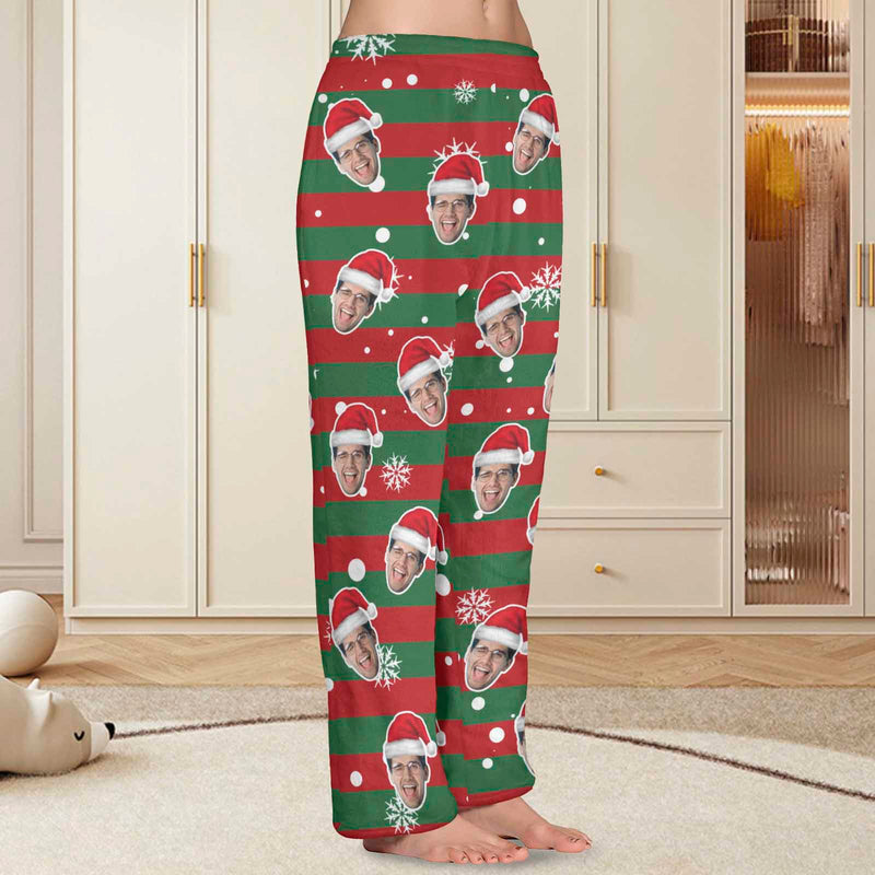 FacePajamas Pajama Shirt&Pants-Fleece For Women / S Coral Fleece Pajama Trousers-Custom Face Red And Green Christmas Snowflake Warm and Comfortable Sleepwear Long Pajama Pants For Men Women
