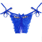 FacePajamas Women Underwear-1YN-SMT Gold letters / Blue Custom Name Sexy Panty Thongs Open Crotch Crotchless Underwear Butterfly Lace G-string