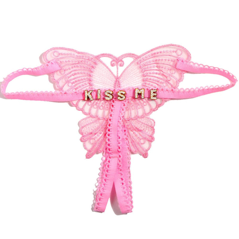FacePajamas Women Underwear-1YN-SMT Gold letters / Pink Personalized DIY Name Embroidered Hollow Butterfly Sexy Low Waist Underpants Open Cut Thong Womens Underwear(DHL is not supported)