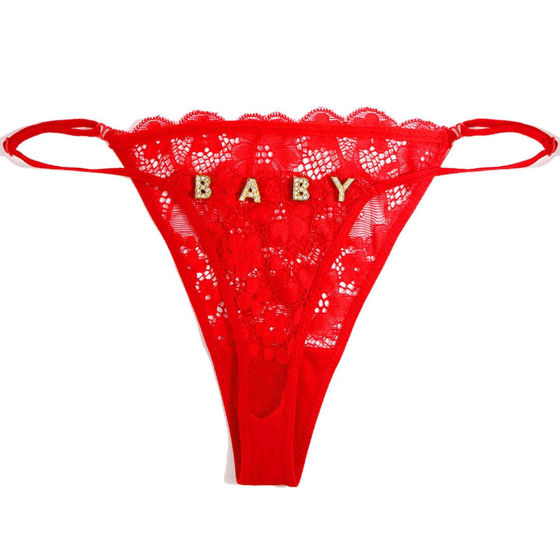 FacePajamas Women Underwear-1YN-SMT Gold letters / Red / M(Below 60KG) Sexy Customized Name Crystal Letter Lace Panties Women Underwear Briefs Thong Transparent Lingerie G string Intimates Girls Gift(DHL is not supported)
