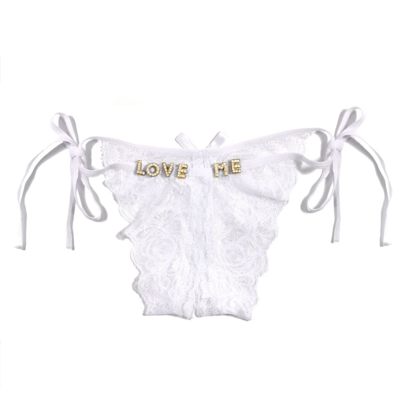 FacePajamas Women Underwear-1YN-SMT Gold letters / White Custom Name Sexy Panty Thongs Open Crotch Crotchless Underwear Butterfly Lace G-string