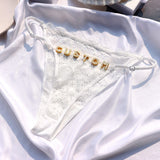FacePajamas Women Underwear-1YN-SMT Gold letters / White / M(Below 60KG) Sexy Customized Name Crystal Letter Lace Panties Women Underwear Briefs Thong Transparent Lingerie G string Intimates Girls Gift(DHL is not supported)