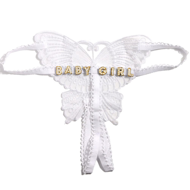 FacePajamas Women Underwear-1YN-SMT Gold letters / White Personalized DIY Name Embroidered Hollow Butterfly Sexy Low Waist Underpants Open Cut Thong Womens Underwear(DHL is not supported)