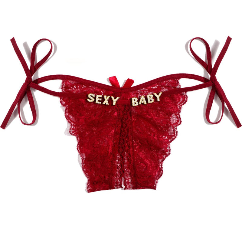 FacePajamas Women Underwear-1YN-SMT Gold letters / Wine Red Custom Name Sexy Panty Thongs Open Crotch Crotchless Underwear Butterfly Lace G-string