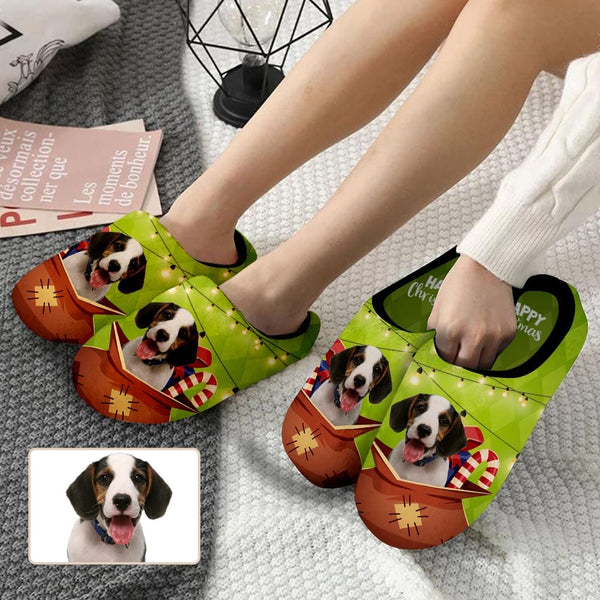 FacePajamas Slippers Green Christmas Custom Dog's Photo All Over Print Personalized Non-Slip Cotton Slippers