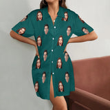 FacePajamas Pajama-2ML-MTMS Green / S Custom Face Solid Color Satin Nightgown For Women Silk Nightshirt Button Down Pajamas Dress Boyfriend Sleepshirt S-3XL