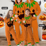 FacePajamas Hooded Onesie-2ML-ZD Halloween Custom Name Pumpkin Family Hooded Onesie Jumpsuits with Pocket Personalized Zip One-piece Pajamas for Adult kids